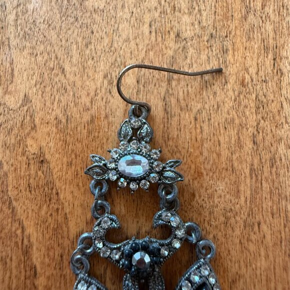 Fun Faux Rhinestone & Black Silver-Tone Dangly Floral Teardrop Earrings - Picture 7 of 8